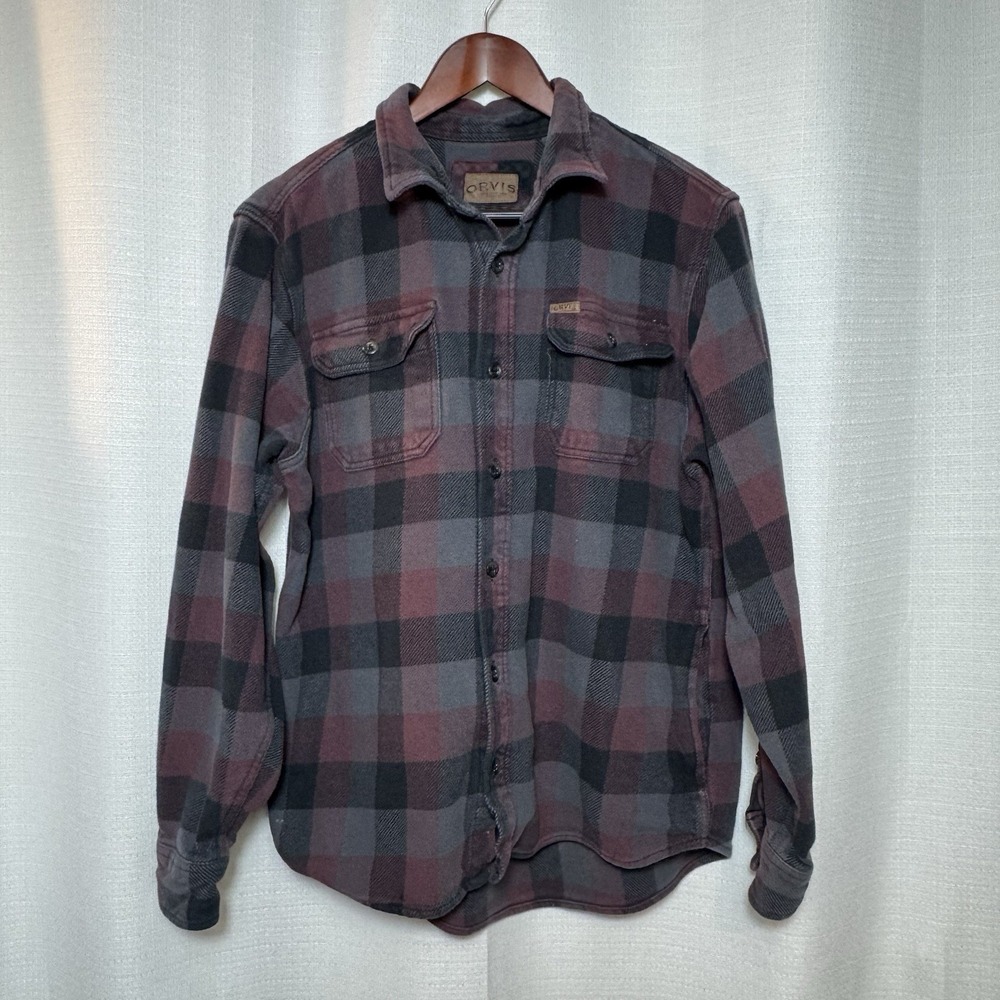Orvis Heavy Flannel Shirt Jacket Mens L Burgundy Navy Plaid Shacket Cabincore